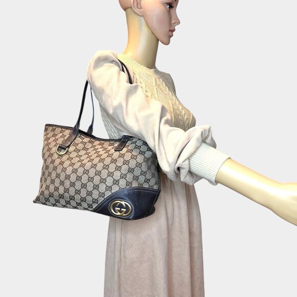Gucci Abbey GG Canvas Beige Brown Genuine Leather Tote Shoulder Bag Gold Logo - Picture 5 of 13